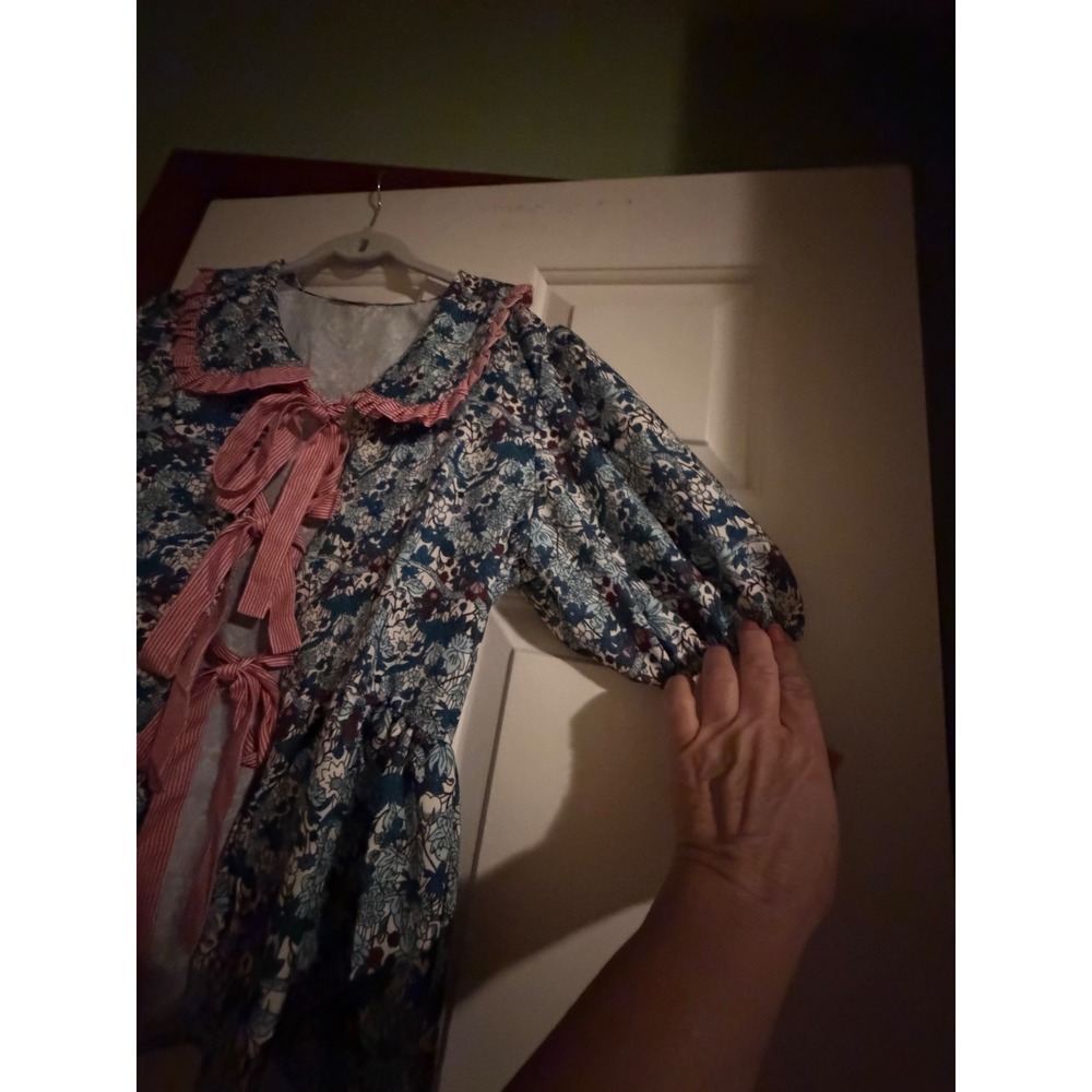 Sunday Up Womens Floral Set Blue floral w Stripe Ruffle Peter Pan Collar Large - Picture 7 of 12